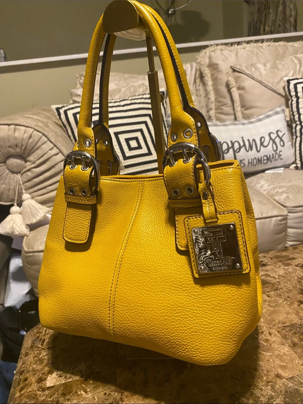 Tignanello Yellow Pebbled Leather Shoulder Bag